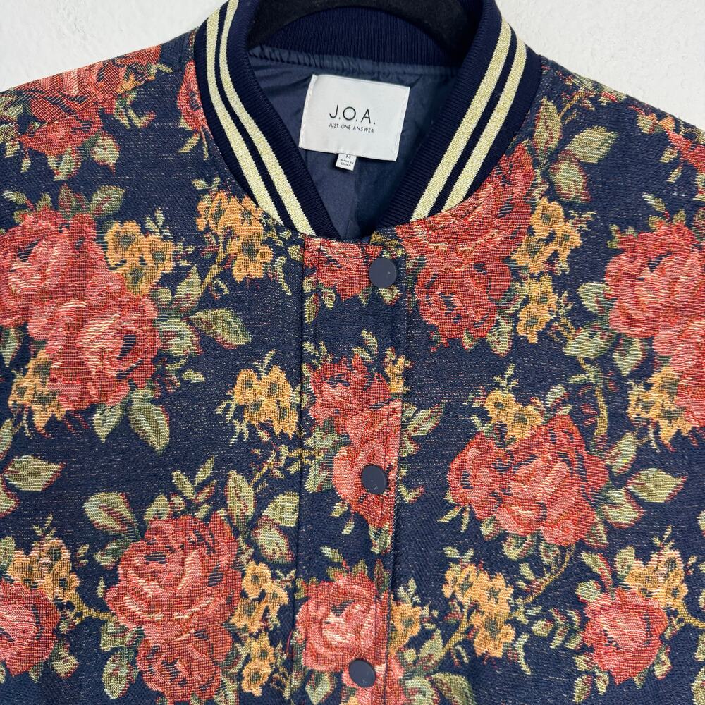 JOA Long Sleeve Floral Bomber Jacket Zip Up Navy Blue Lined Pockets Womens M - Picture 3 of 11